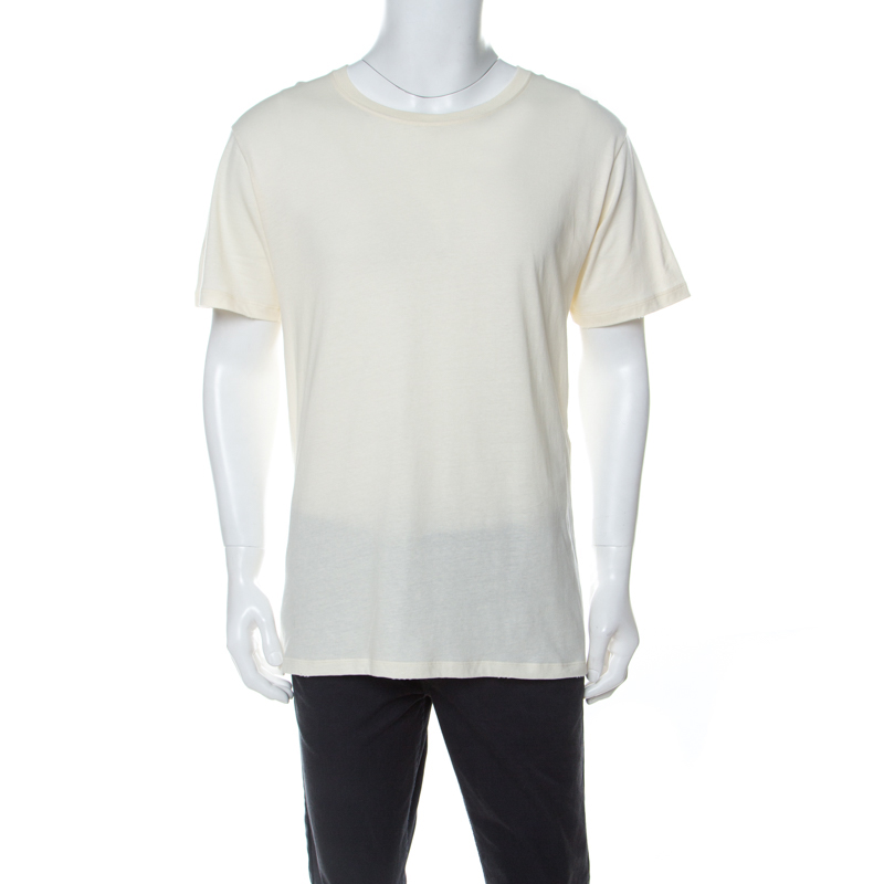 Pre Owned Gucci Cream Logo Stamp Print Cotton Distressed Detail T-Shirt M