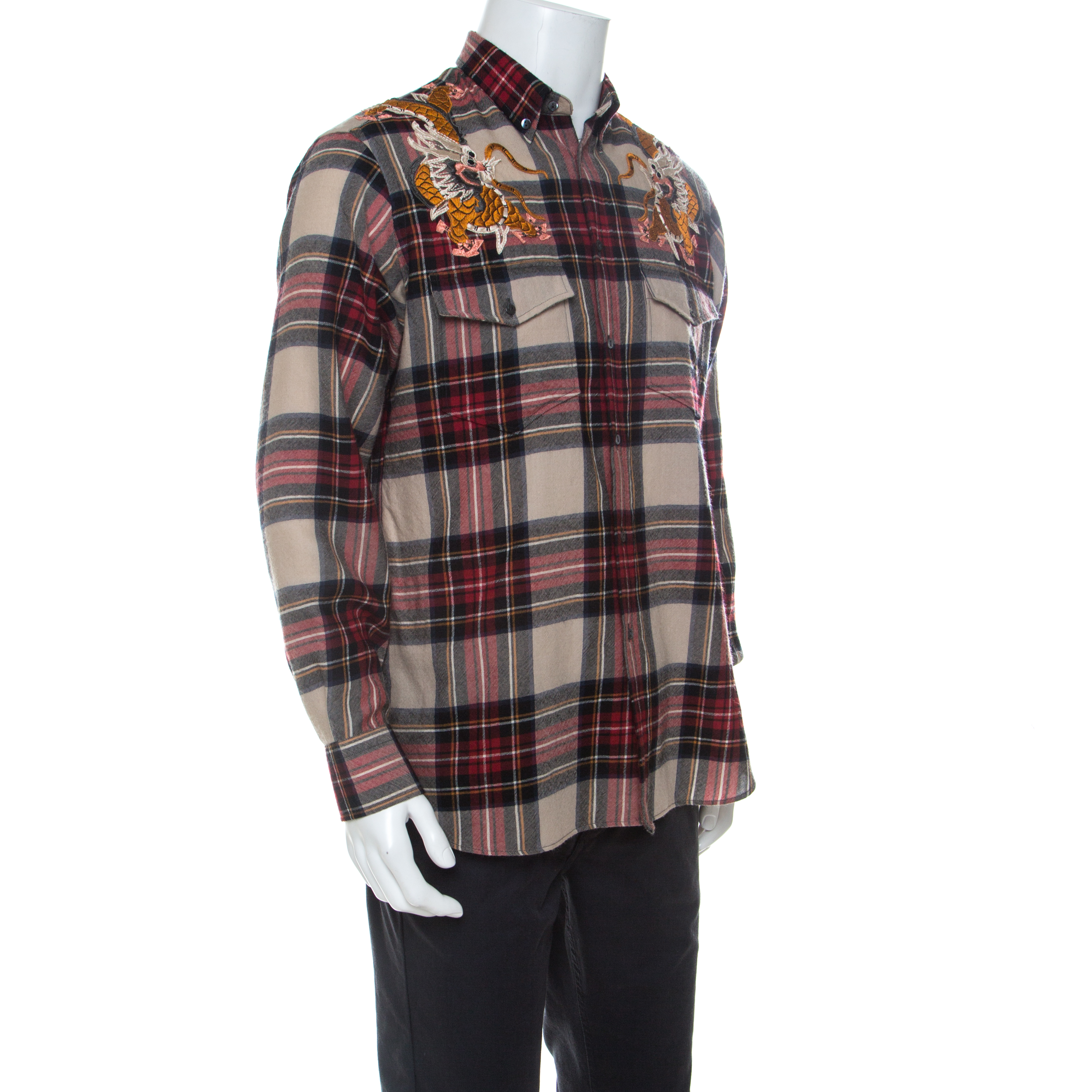 

Gucci Red and Beige Dragon Embroidered Check Wool Shirt