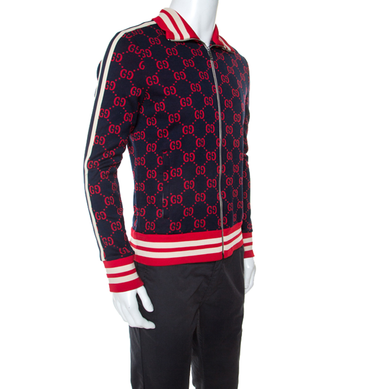 

Gucci Navy Blue Monogram Pattern Cotton Contrast Trim Track Jacket