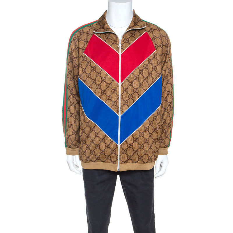 Pre-owned Gucci Brown Gg Supreme Web Jersey Zip Front Jacket M