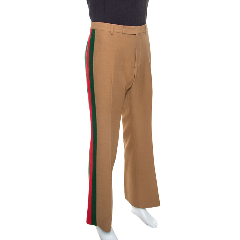 

Gucci Camel Wool And Silk-Blend Web Striped Flared Trousers, Beige