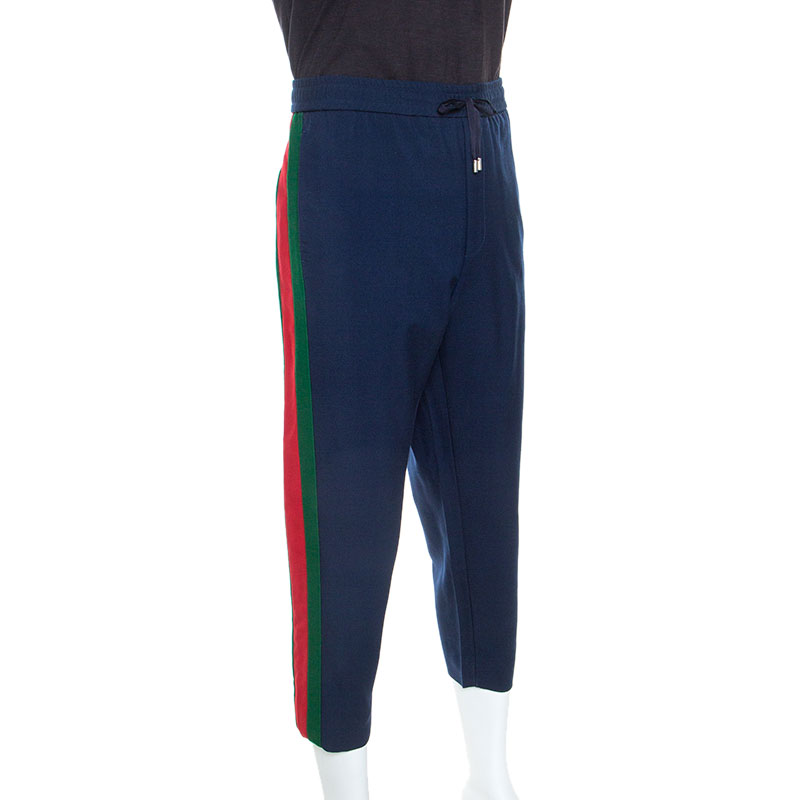 

Gucci Blue Web Striped Twill Wool Track Pants, Navy blue