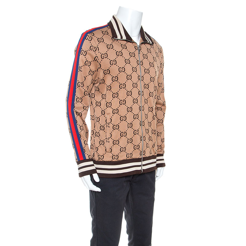 

Gucci Beige Logo Monogram Jersey Striped Trim Track Jacket