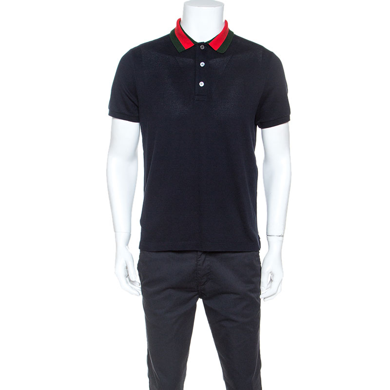Gucci Navy Blue Stretch Cotton Embroidered Patch Detail Polo T-Shirt L