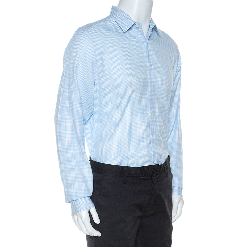 

Gucci White And Blue Checked Cotton Button Front Slim Fit Shirt