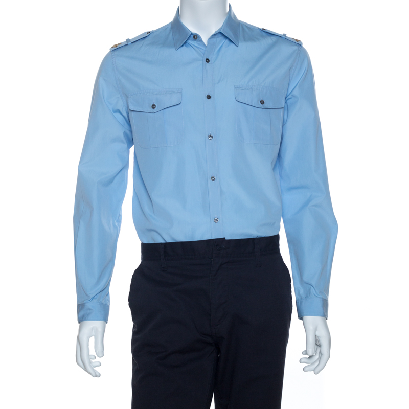 Gucci Blue Cotton Embroidered Epaulette Detail Duke Shirt L