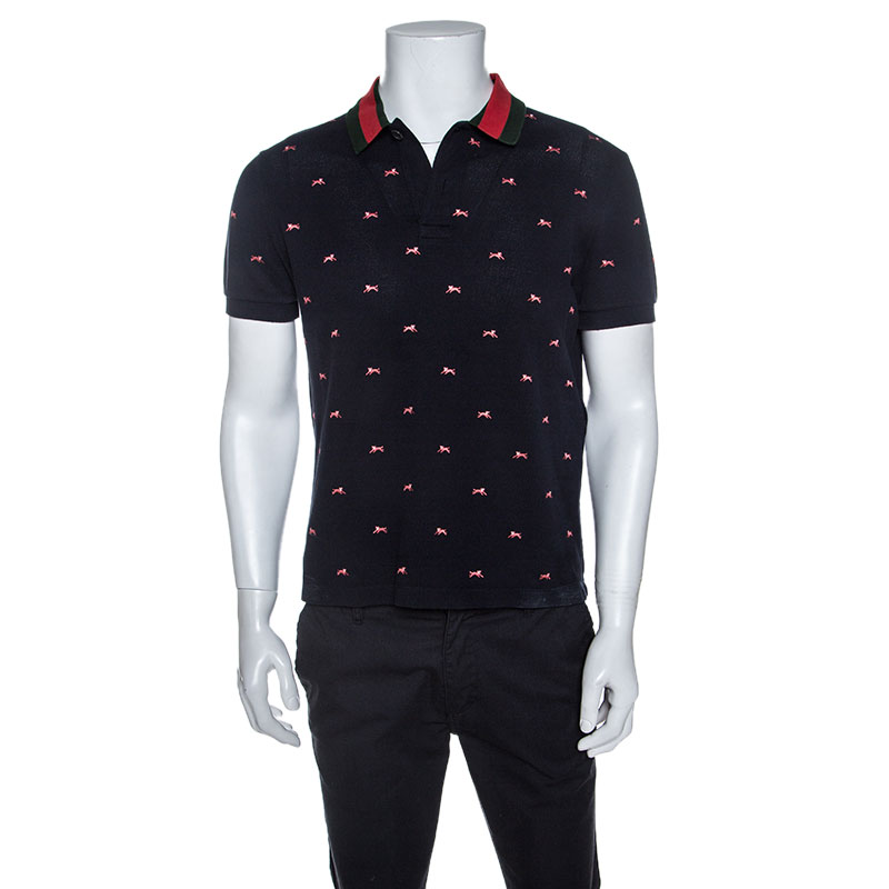 Gucci Navy Blue Cotton Cat Embroidery Detail Polo T-Shirt M