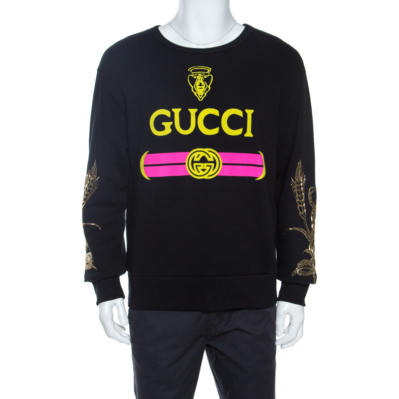 Gucci Black Logo Print Cotton Embellished Sweatshirt S