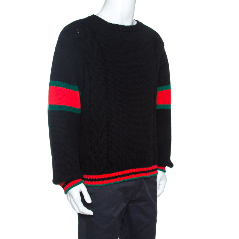 Gucci Black Web Striped Wool Cable Knit Sweater M