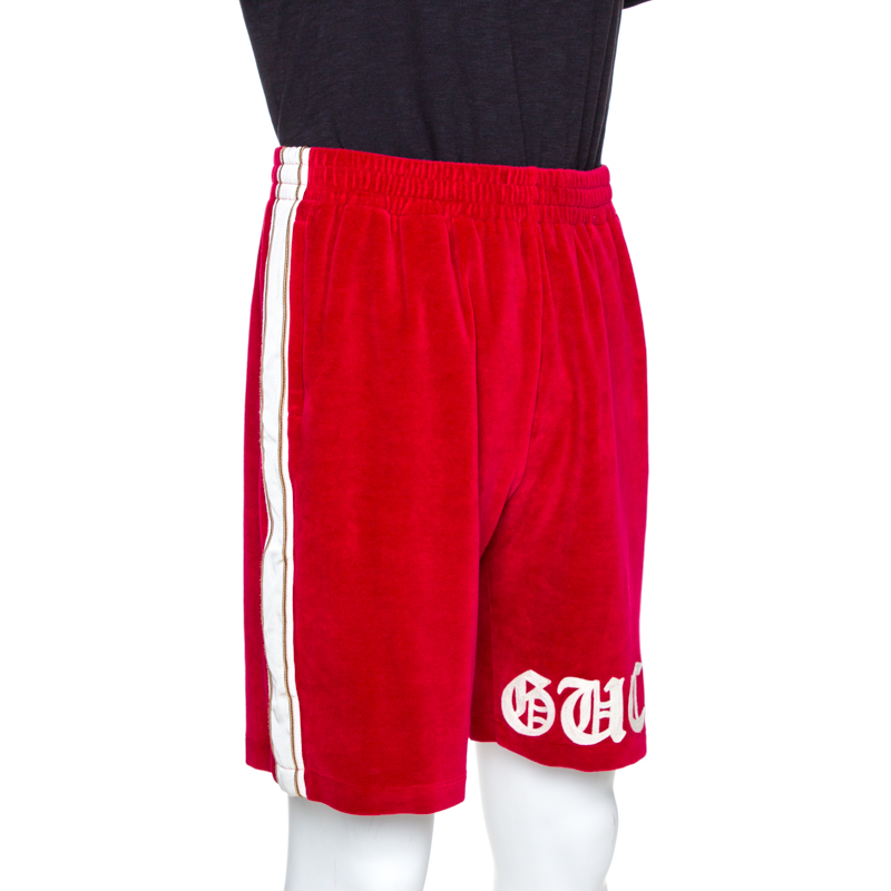 

Gucci Red Logo Embroidered Velvet Track Shorts