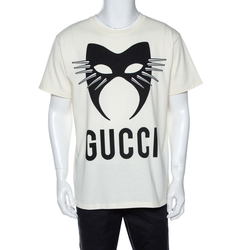 Pre-owned Gucci Off White Logo Mask Print Cotton Oversized T-shirt Xs