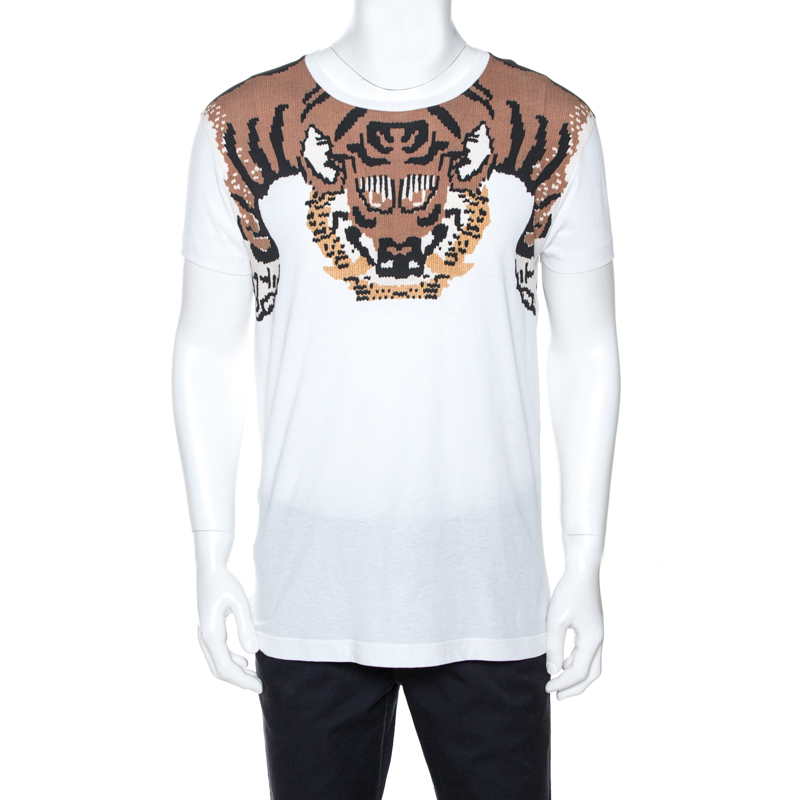 Pre-owned Gucci White Tiger Print Cotton Crew Neck T-shirt M