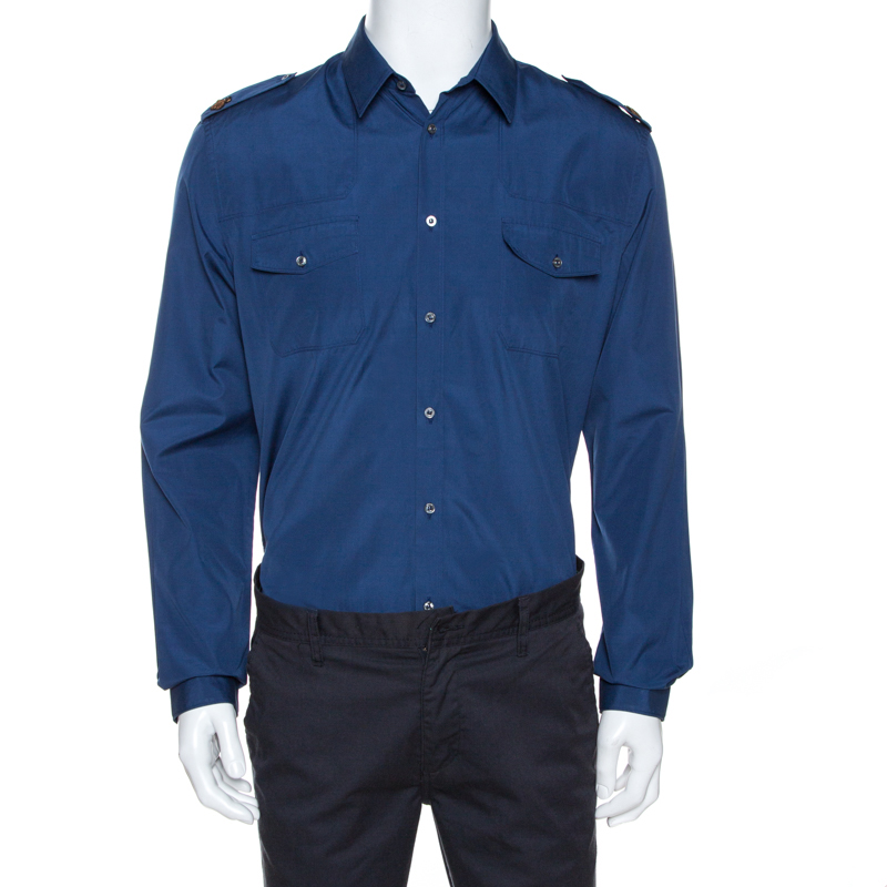 Gucci Midnight Blue Cotton Bee Applique Detail Long Sleeve Shirt XL