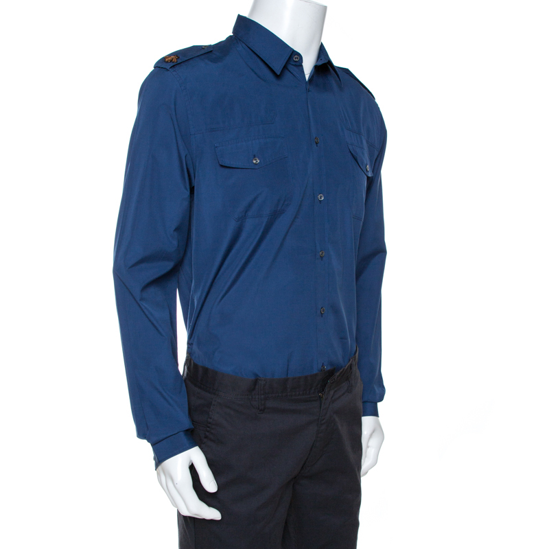 

Gucci Midnight Blue Cotton Bee Applique Detail Long Sleeve Shirt, Navy blue