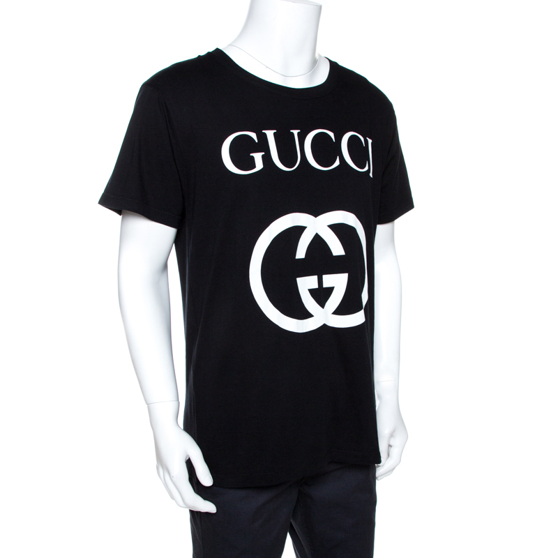 

Gucci Black Logo Print Cotton Oversized Crew Neck T-Shirt