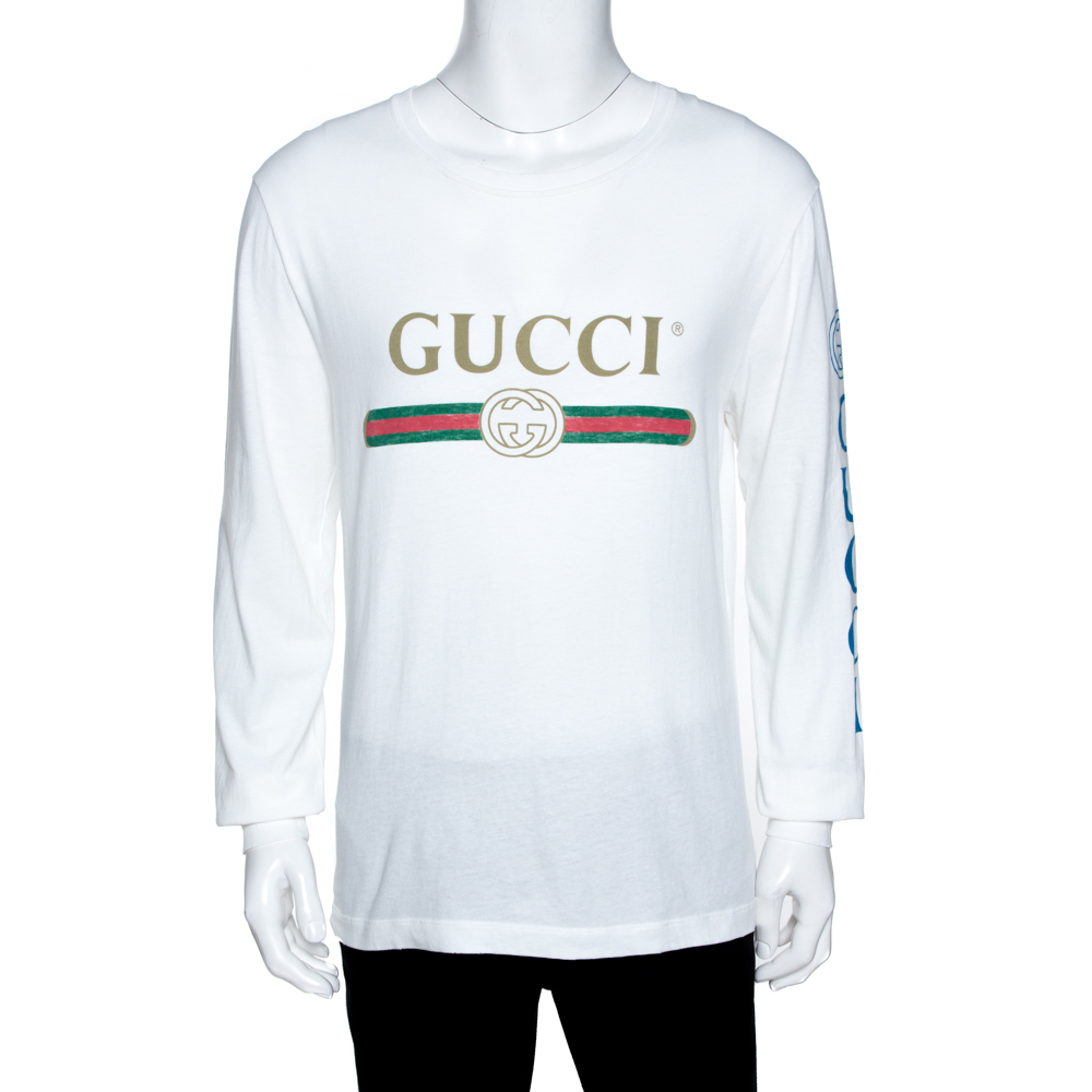 Pre-owned Gucci White Logo Print Cotton Dragon Embroidered T-shirt M