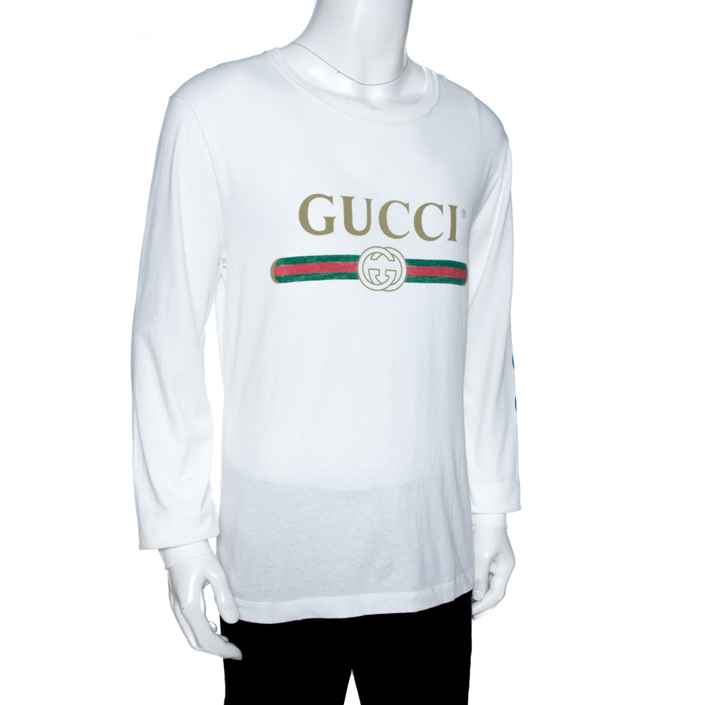 

Gucci White Logo Print Cotton Dragon Embroidered T-Shirt