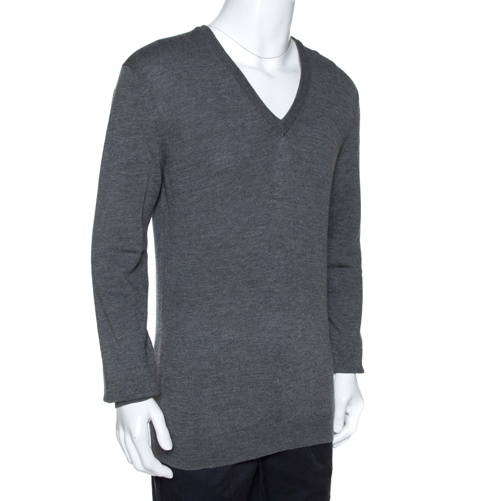 

Gucci Grey Wool Shoulder Striped Detail V Neck Sweater