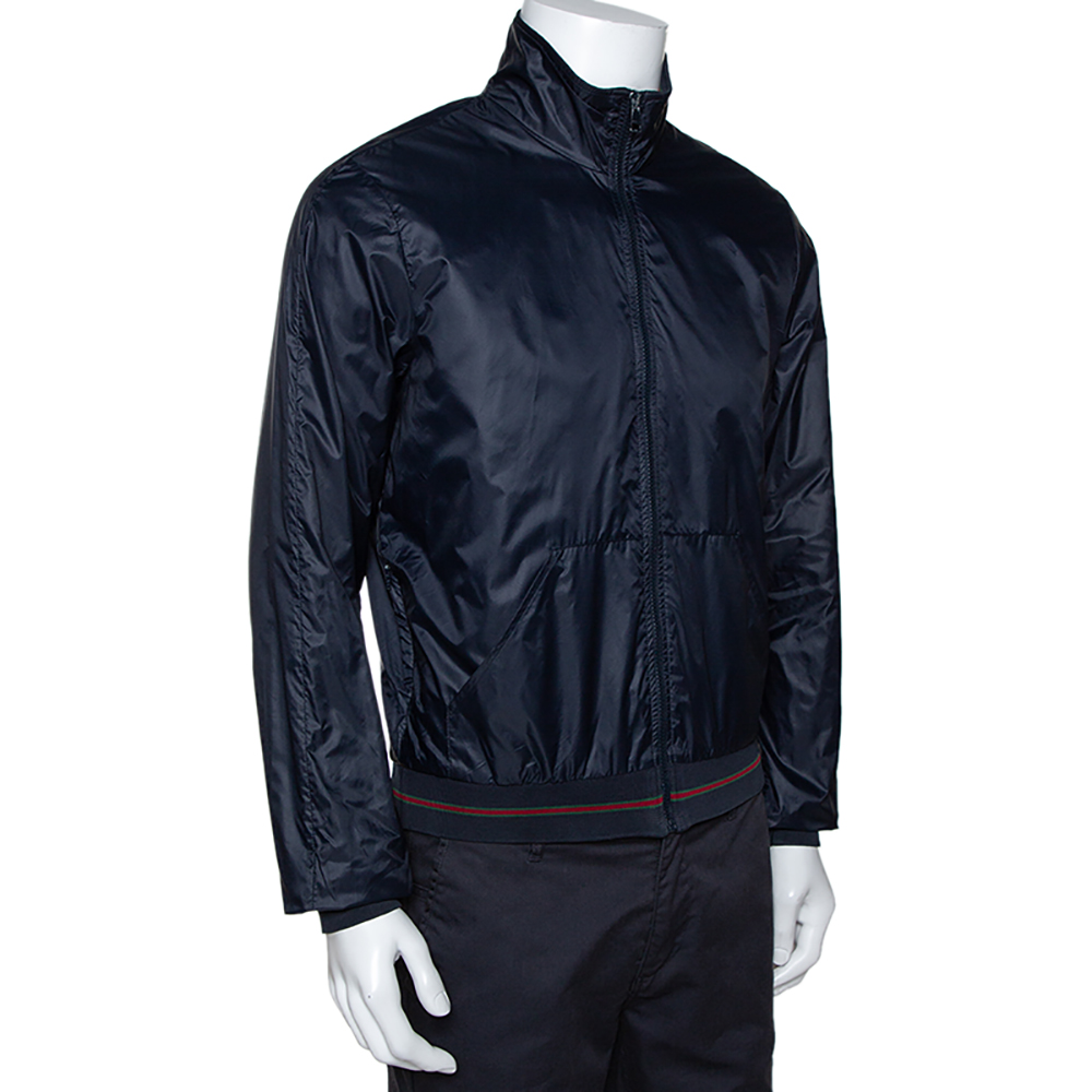 

Gucci Navy Blue Nylon Zip Front Bomber Jacket