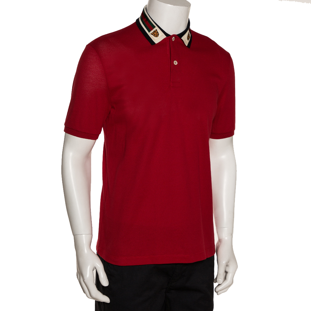 

Gucci Red Cotton Pique Web & Feline Head Detail Polo T Shirt