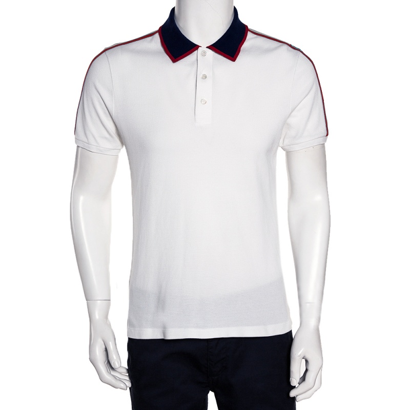 Gucci White Cotton Pique Contrast Stripe Detail Polo T Shirt M