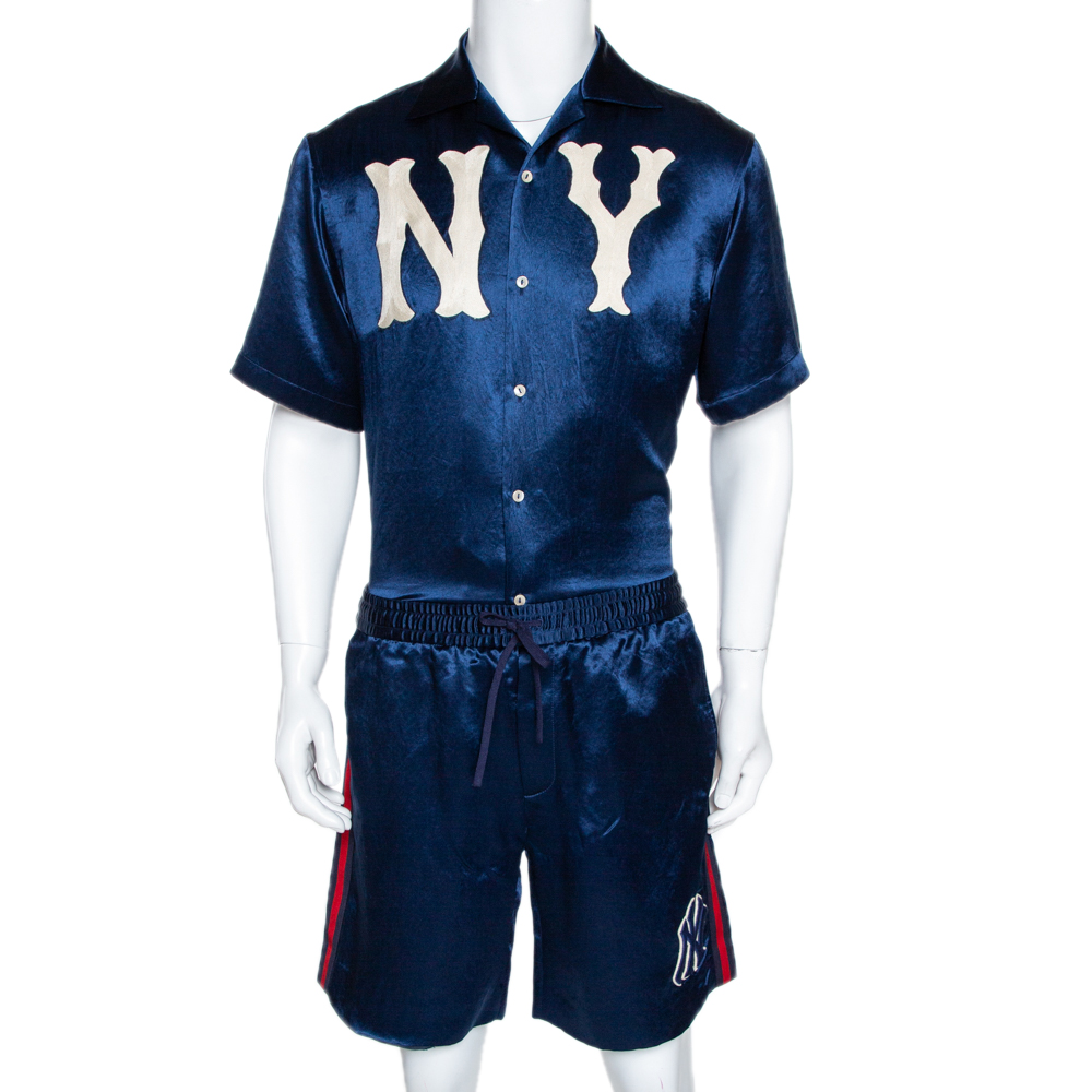 Gucci Blue Satin NY Yankees Bowling Shirt and Shorts Set M