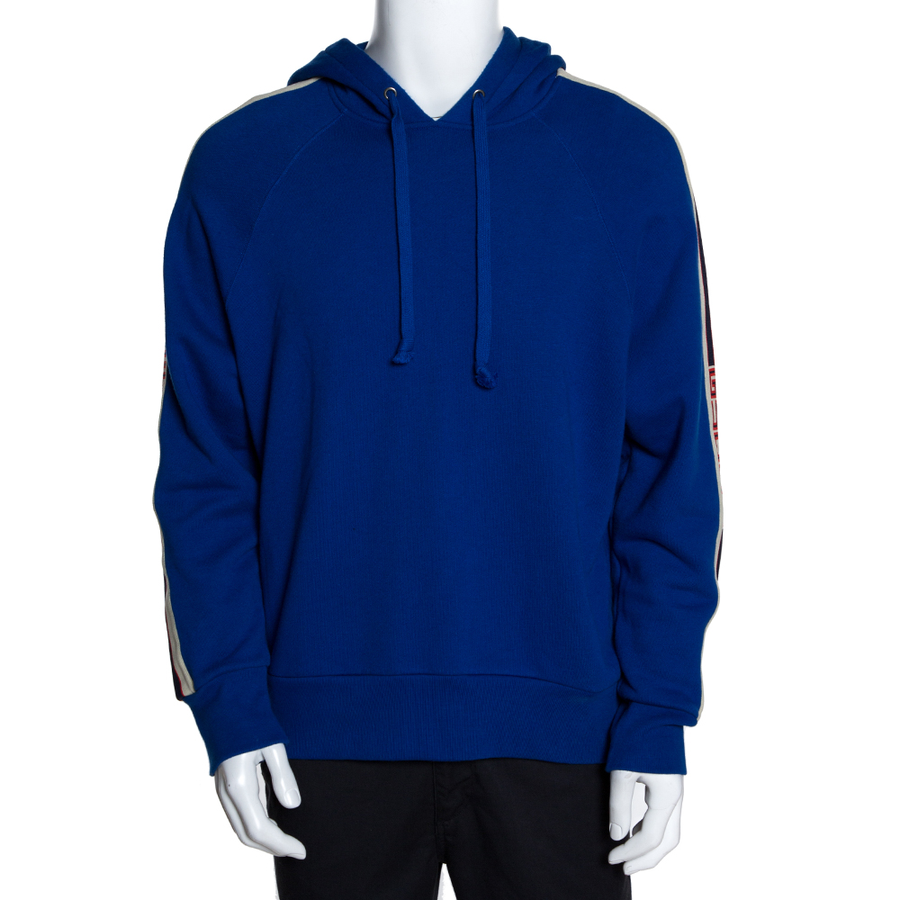 Gucci Royal Blue Cotton Logo Tape Detail Hooded Sweatshirt S TLC