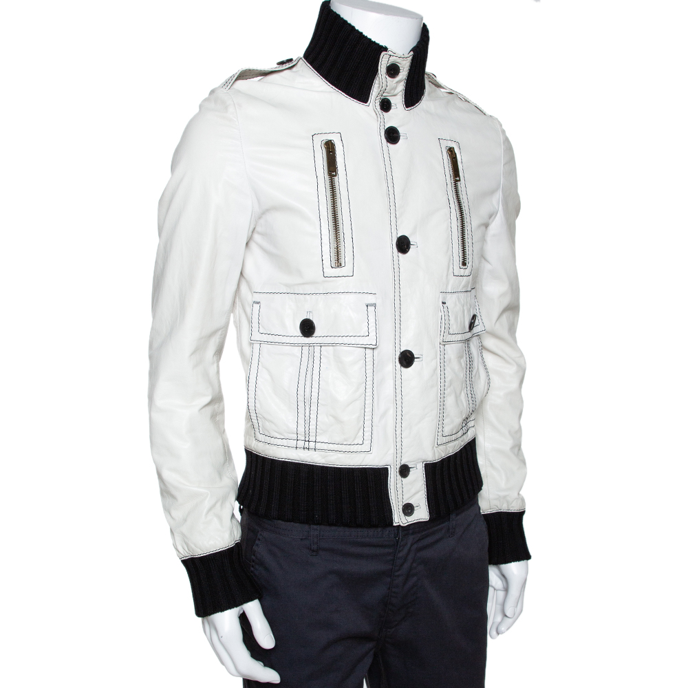 

Gucci White Leather Rib Knit Trim Bomber Jacket