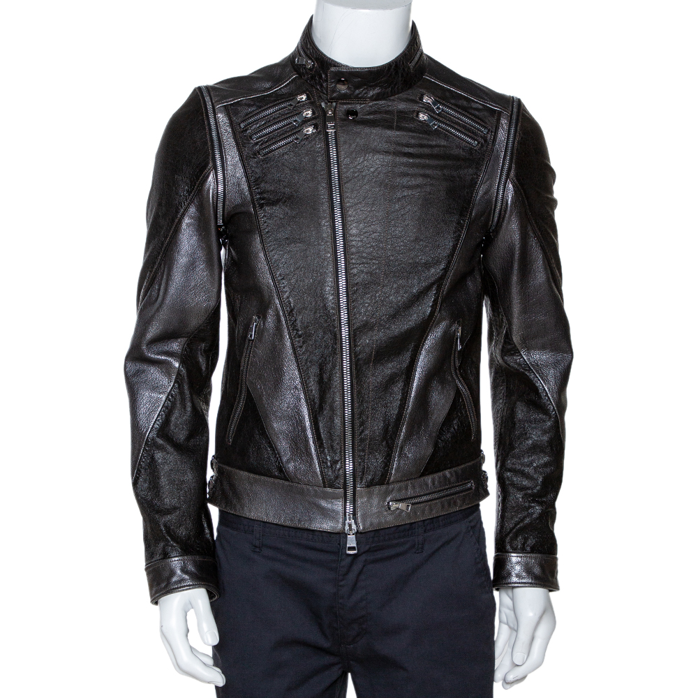 Gucci Brown Metallic Print Leather Detachable Sleeve Biker Jacket S