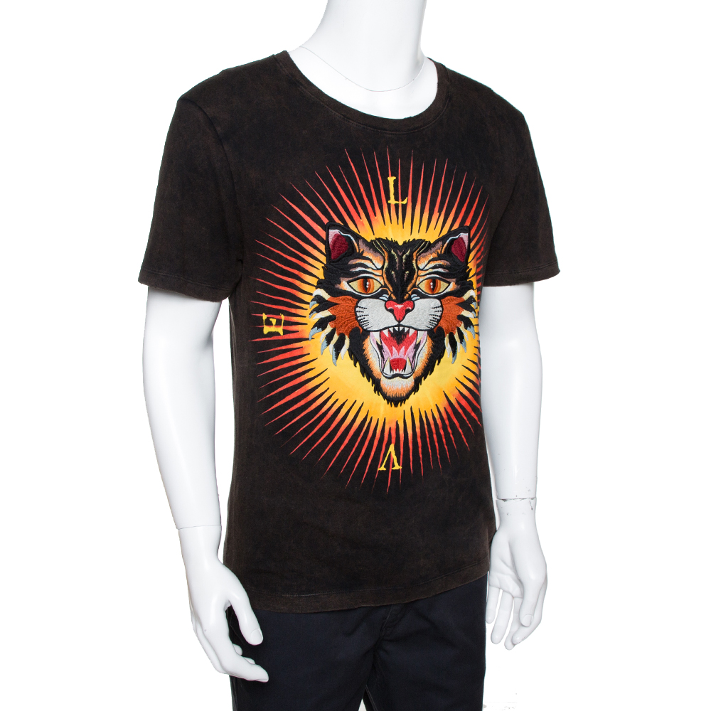 

Gucci Charcoal Grey Washed Out Effect Cotton Love Wildcat Embroidered T Shirt