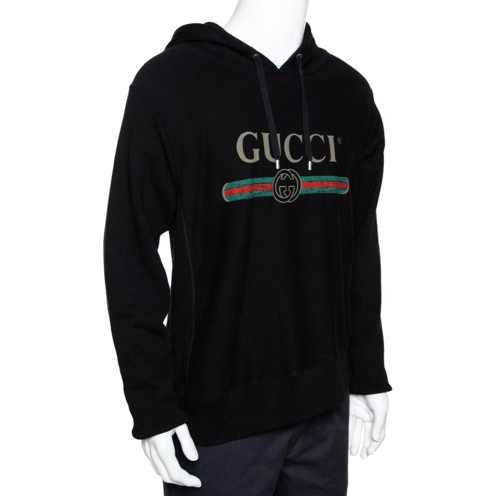 

Gucci Black Vintage Logo Print Cotton Hooded Sweatshirt