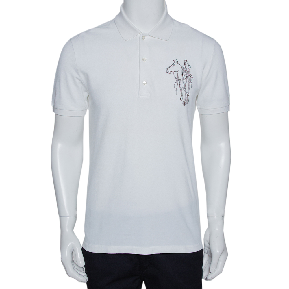 Gucci White Horse Embroidered Cotton Slim Fit Polo T-Shirt M