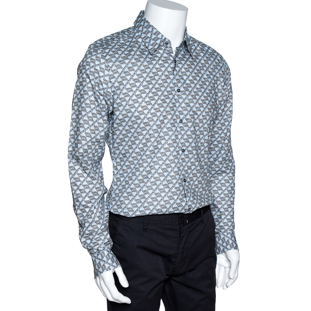 

Gucci Light Blue Horsebit Print Cotton Long Sleeve Slim Fit Shirt