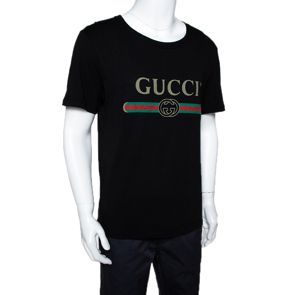 

Gucci Black Vintage Logo Print Washed Cotton Oversized T-Shirt