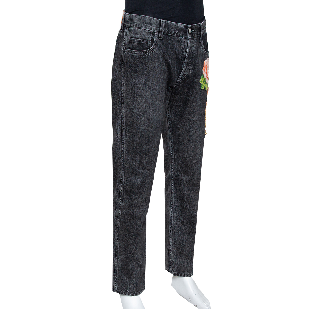 

Gucci Charcoal Grey Denim Tiger & Floral Applique Tapered Jeans