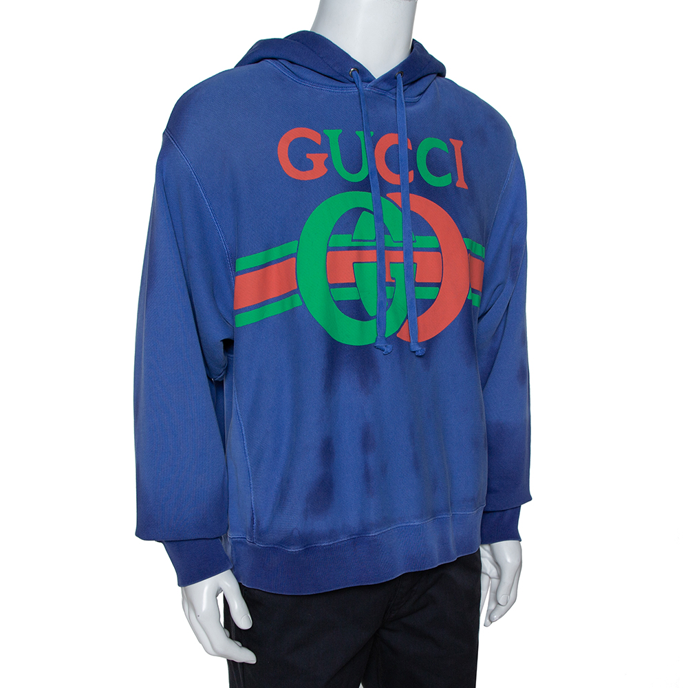 

Gucci Blue Washed Out Effect Cotton Knit Interlocking GG Print Hoodie