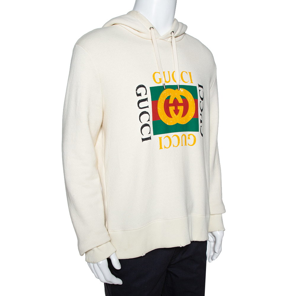 

Gucci Cream Vintage Logo Print Cotton Distressed Hoodie