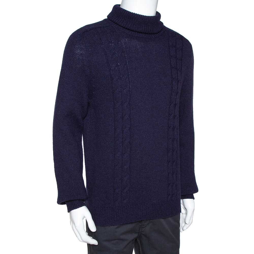 

Gucci Navy Blue Cashmere Wool Logo Embroidered Roll Neck Sweater