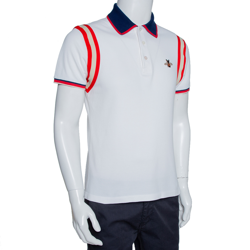 

Gucci White Stretch Cotton Bee Appliqued Polo T-Shirt