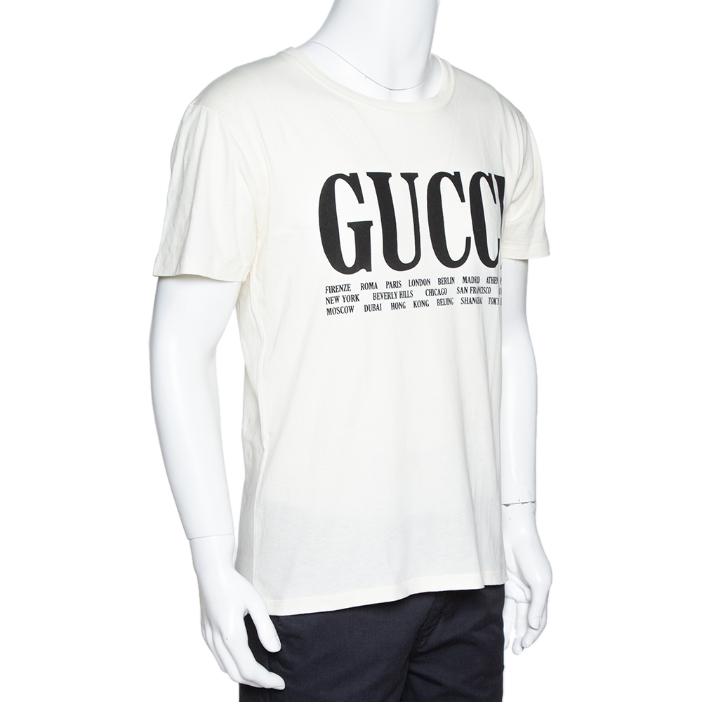 

Gucci Cream Gucci Cities Print Cotton Crew Neck T-Shirt