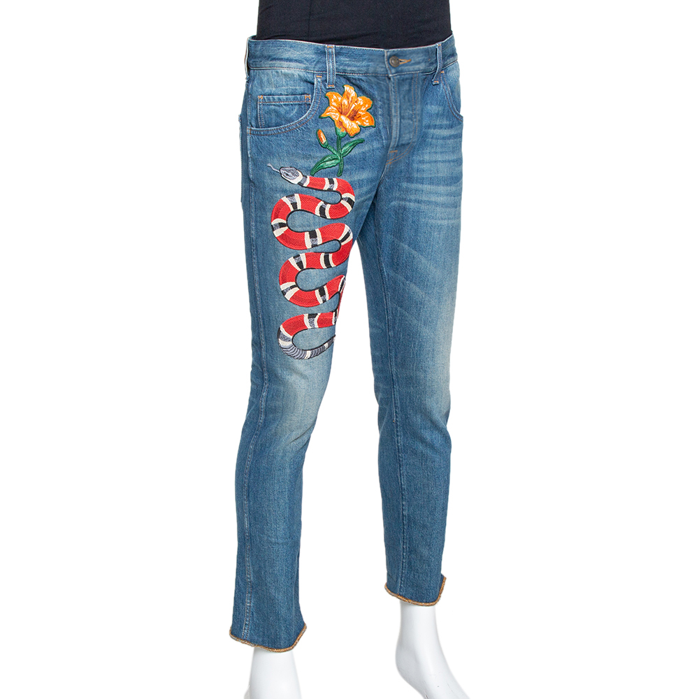 

Gucci Blue Light Wash Denim Kingsnake Embroidered Skinny Jeans