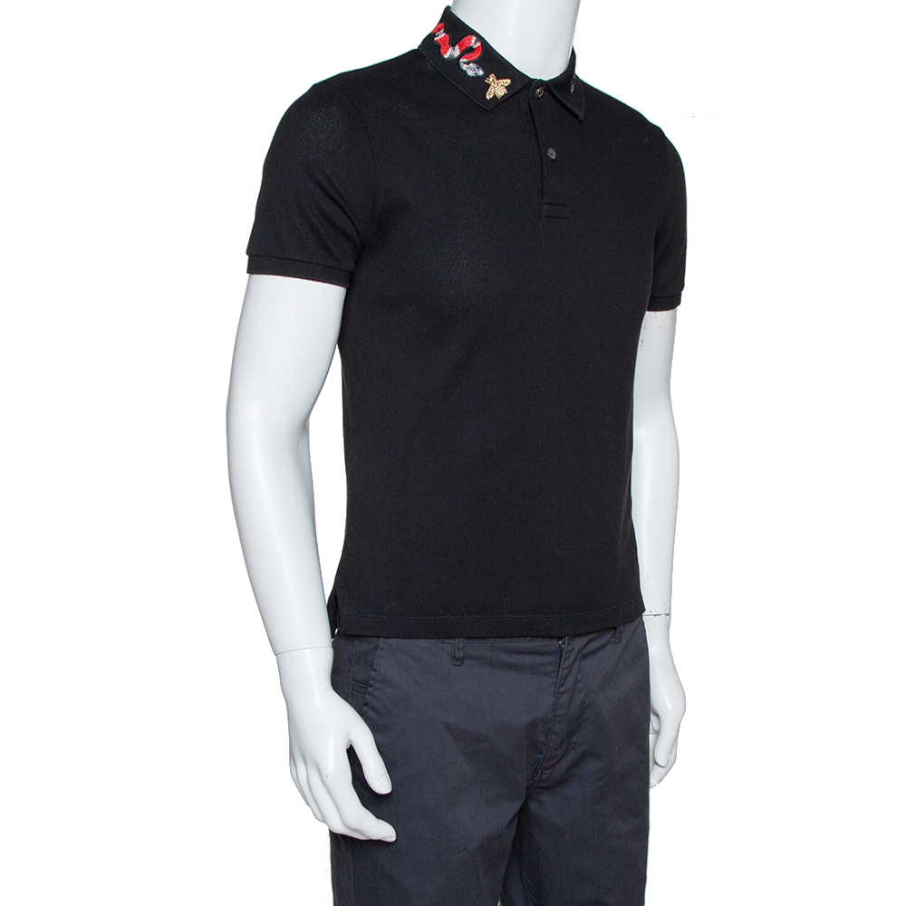 

Gucci Black Stretch Cotton Snake Embroidered Collar Polo T-Shirt