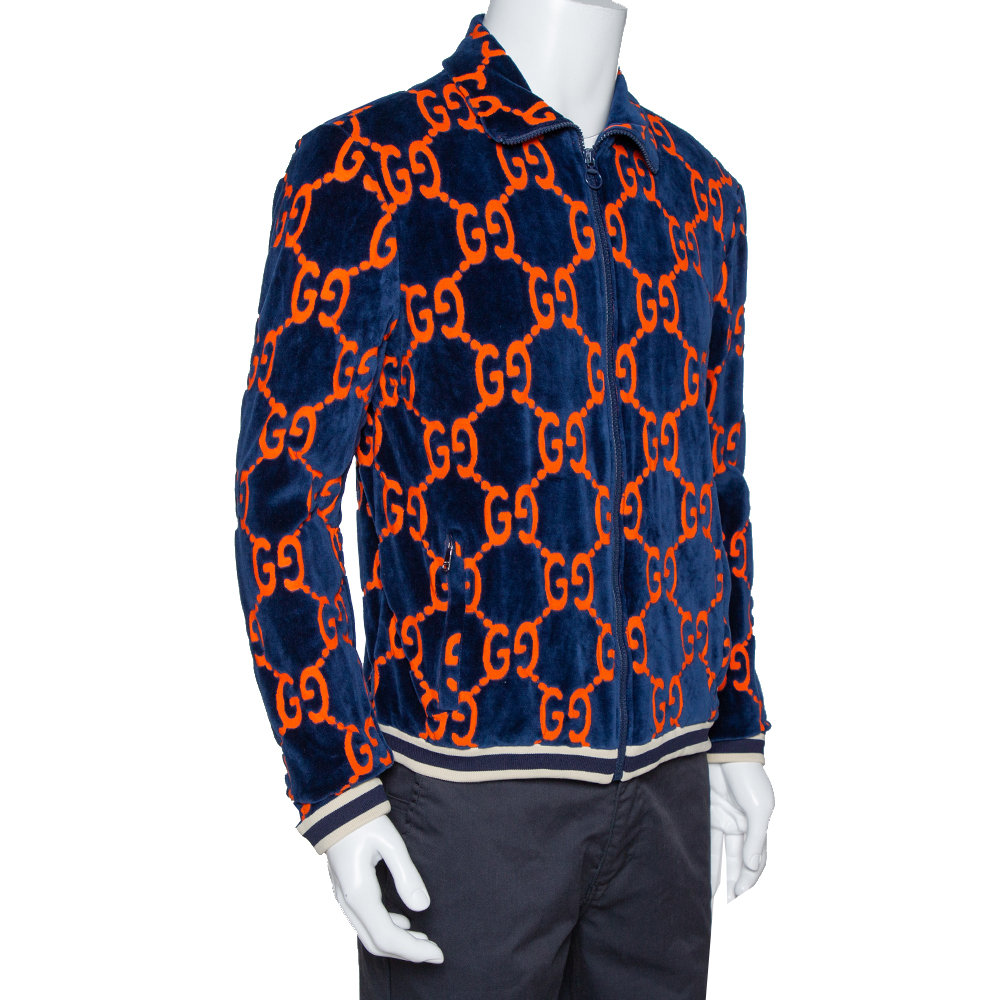 

Gucci Bicolor GG Patterned Velour Zip Front Jacket, Blue