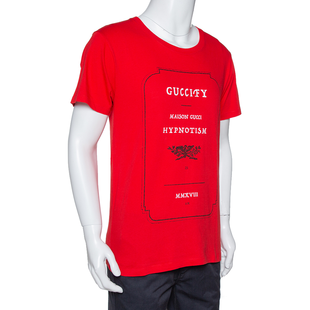 

Gucci Red Cotton Guccify Logo Print Crew Neck T Shirt