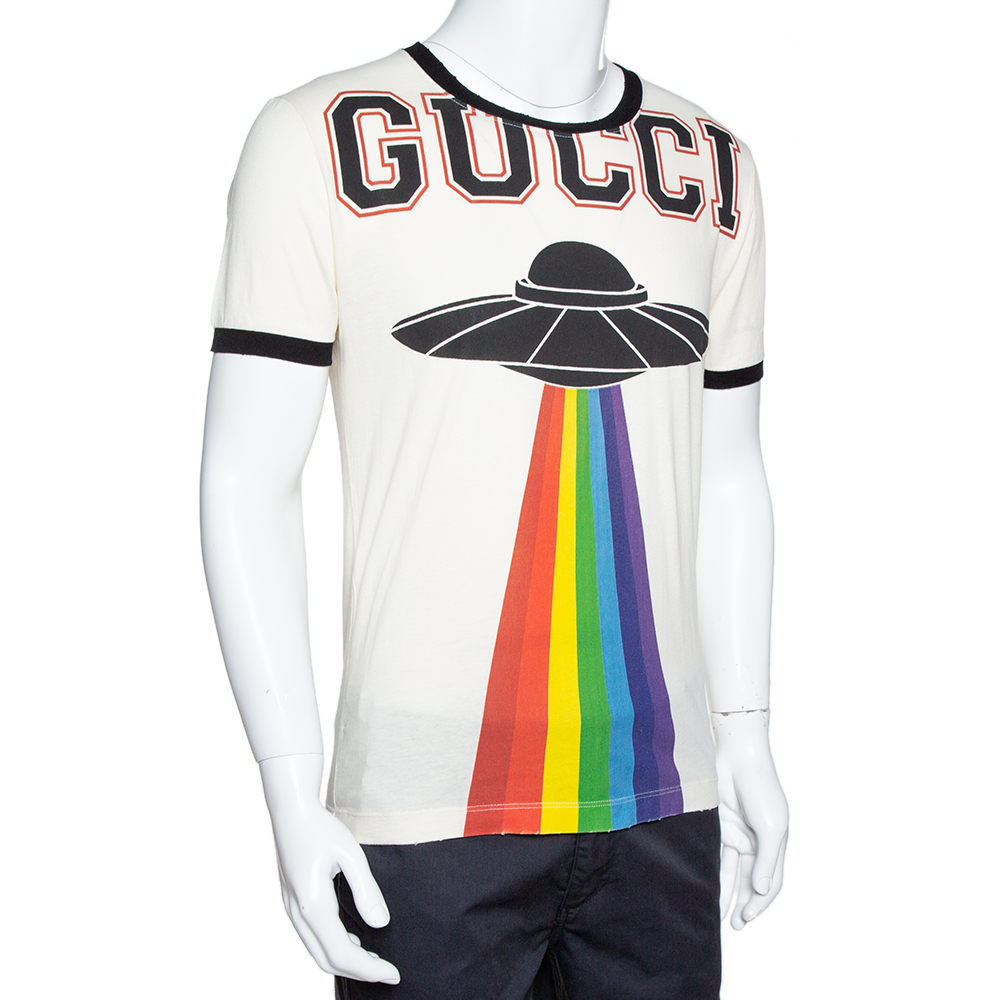 

Gucci Cream Cotton Rainbow UFO Print Crew Neck T Shirt