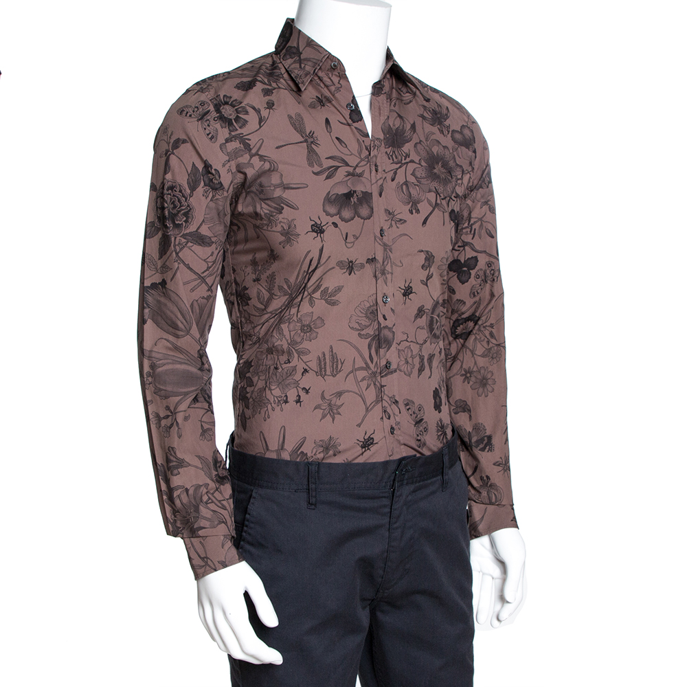 

Gucci Deep Taupe Floral Print Cotton Skinny Fit Shirt, Brown