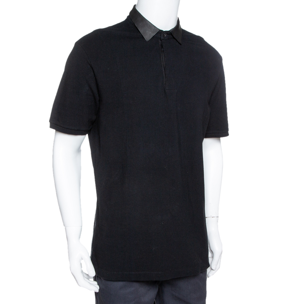 

Gucci Black Cotton Pique Leather Collar Polo T-Shirt