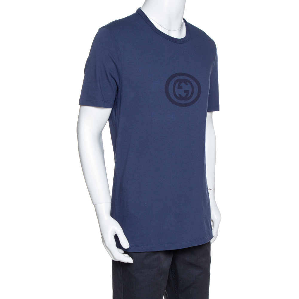 

Gucci Navy Blue Logo Print Cotton Crew Neck T-Shirt