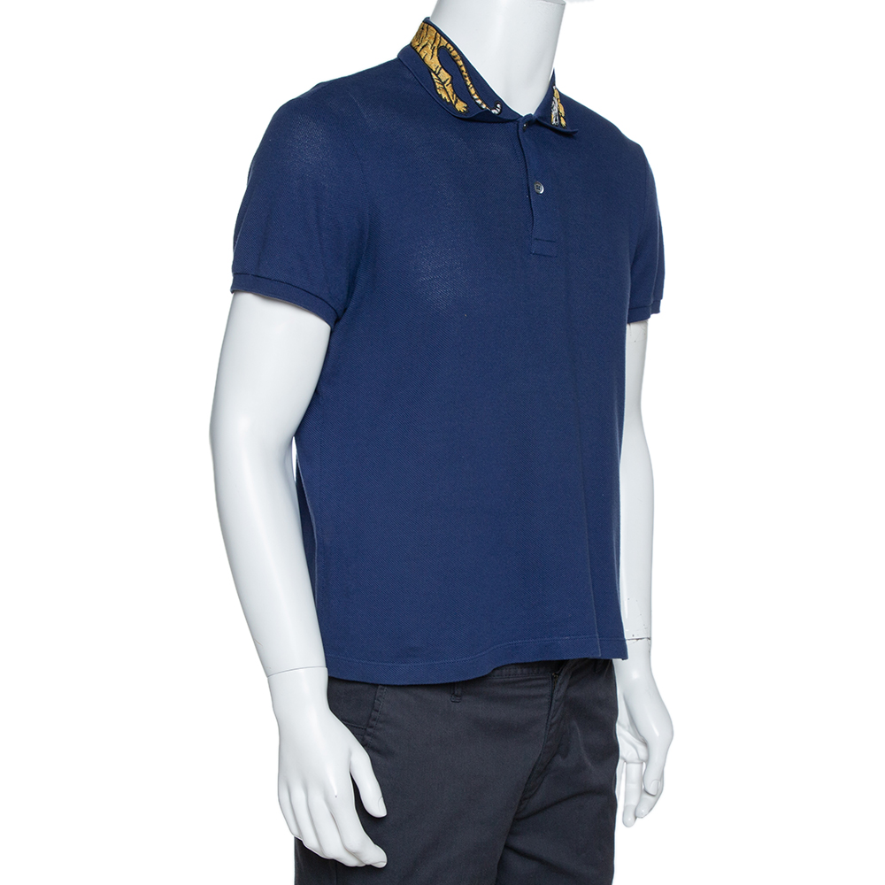 

Gucci Navy Blue Cotton Pique Tiger Embroidered Collar Polo T Shirt