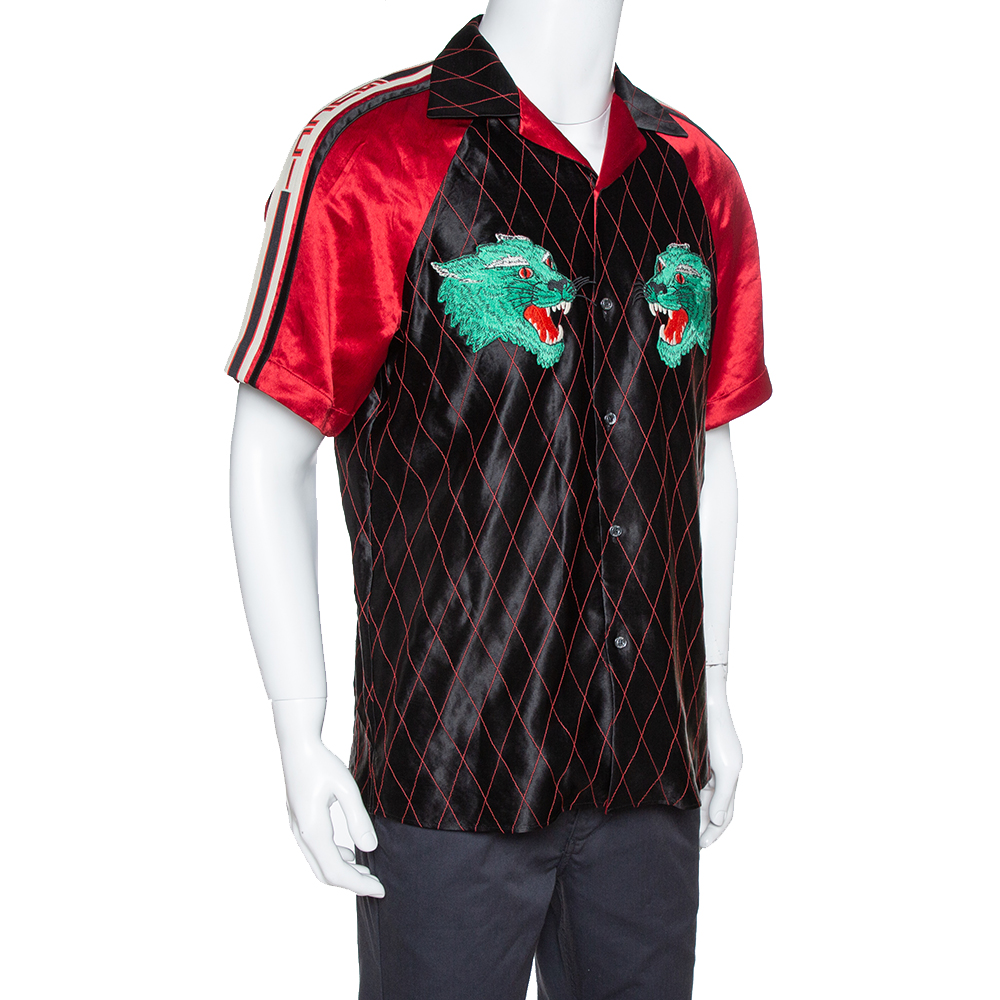 

Gucci Black & Red Satin Panther Applique Bowling Shirt